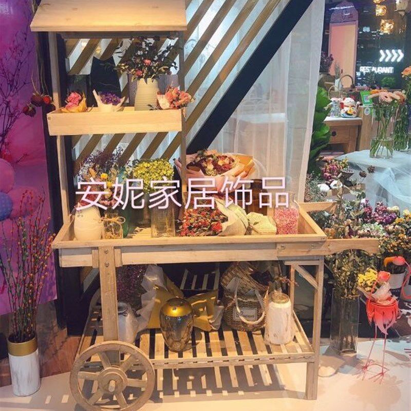 实木花架工艺品摆件木制花车手推车花店花园阳台花架做旧