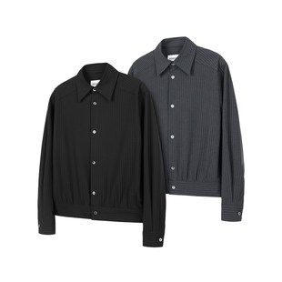 DESERTO TR条纹基础极简老钱风天然贝母扣翻领高知纽扣长袖衬衫