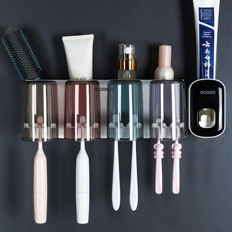 牙刷牙杯置物架挂墙式漱口杯2人家庭套装三口儿童电动免打孔壁挂