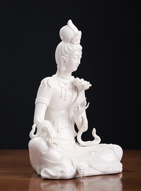 素茗中国白陶瓷莲花水月自在观音中式禅意客厅玄关摆件佛像工艺品