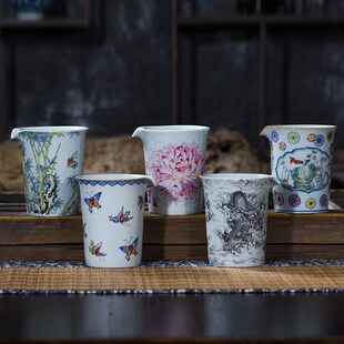 公道杯陶瓷单个茶海分茶器茶具茶道老陶泥粉彩瓷釉上彩仿古龙荷花