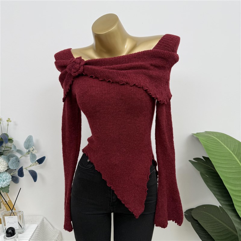 新年战服~复古立体花喇叭袖一字领包肩厚实毛衣针织衫木耳边上衣