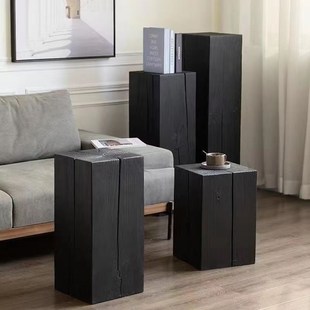 根雕侘寂风复古实木原木碳化玄关摆件艺术底座茶几方形木墩子花架