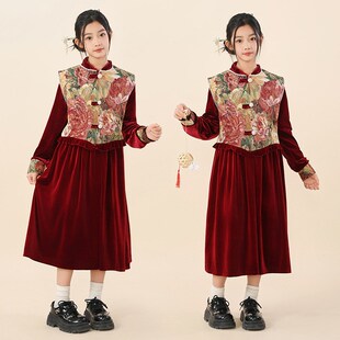 胖女童连衣裙儿童秋冬加肥加大旗袍马甲两件套拜年喜庆新中式裙子