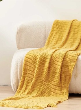 北欧风黄色波浪形流苏毯子绿色沙发毯盖毯轻奢装饰毯床尾巾大尺寸
