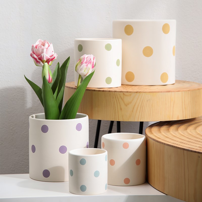 圆柱形纯手工刻印波点陶土素胚花盆透气吸水带托盘蝴蝶兰绿箩盆栽