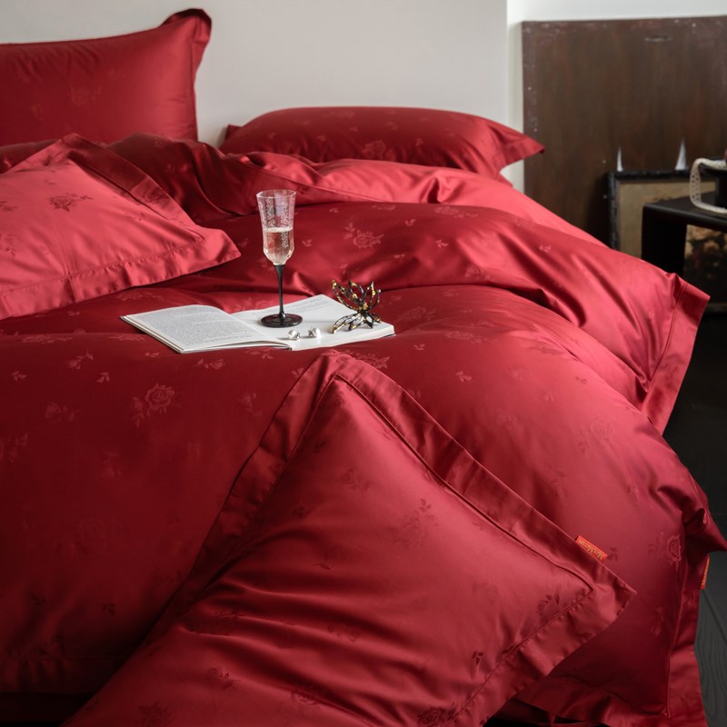 轻奢大红色婚庆四件套玫瑰提花被套100S纯棉全棉结婚床单床上用品