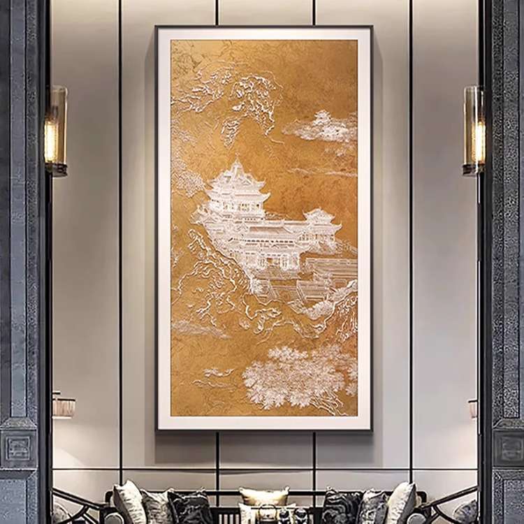 酒店走廊过道高档挂画新中式山水风景画玄关3D立体浮雕大气装饰画图片