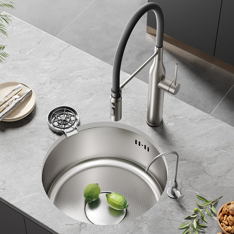 东鹏304不锈钢银色圆形水槽单槽厨房台下吧台迷你洗菜盆水池岛台