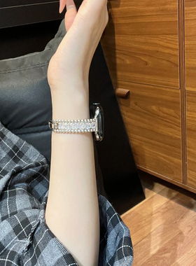 仙女花环iwatchs10高级感满钻弧形手镯金属适用苹果手表表带apple watch98手表带链式applewatchs9镶钻手镯款