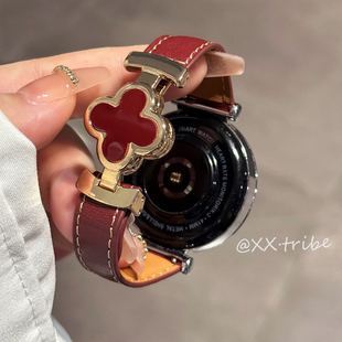 头层小牛皮适用小米S4 watch5手表带女高级感gt5pro真皮女士9Pro腕带 41mm四叶草磁吸扣皮质手表表带GT2GT4