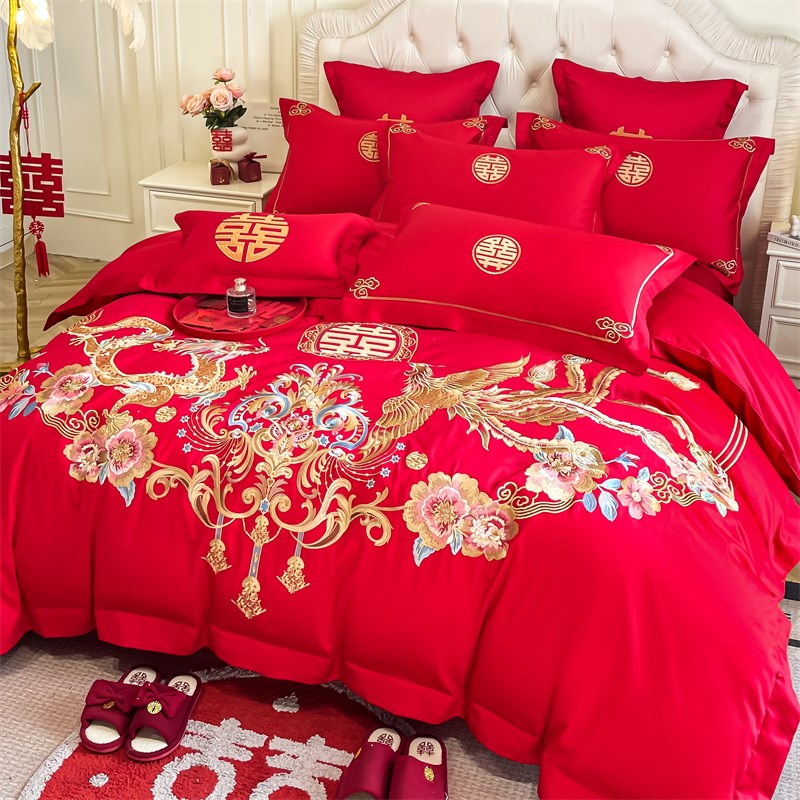 高档婚庆四件套纯棉大红龙凤刺绣被套新结婚房嫁礼床笠单床上用品