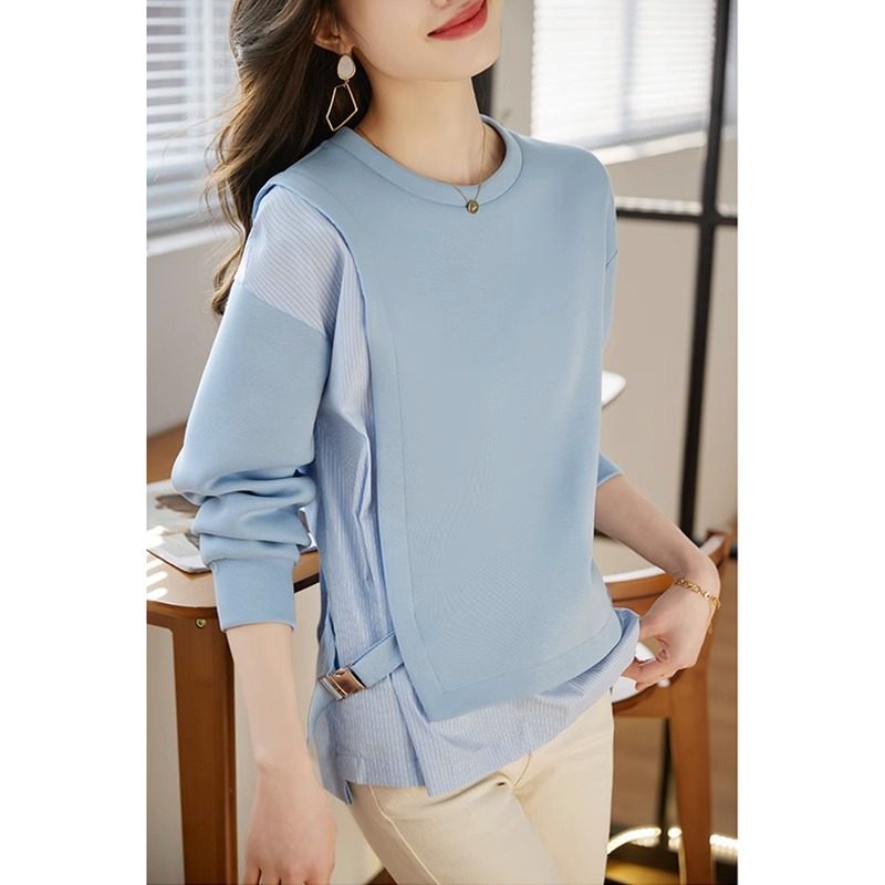 假两件卫衣女春秋2024新款宽松慵懒风条纹拼接设计感上衣短款外套