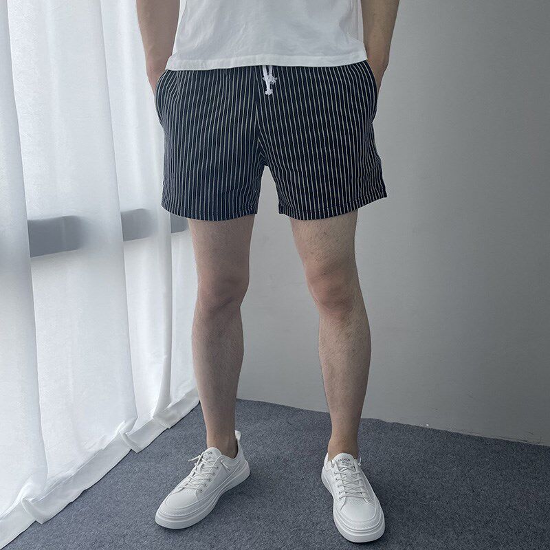 潮牌条纹休闲短裤男士夏季纯棉弹力修身三分裤青年潮流百搭沙滩裤