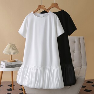 胖妹mm200斤韩版 宽松大码 新款 连衣裙2025夏季 遮肚子拼接裙子 短袖