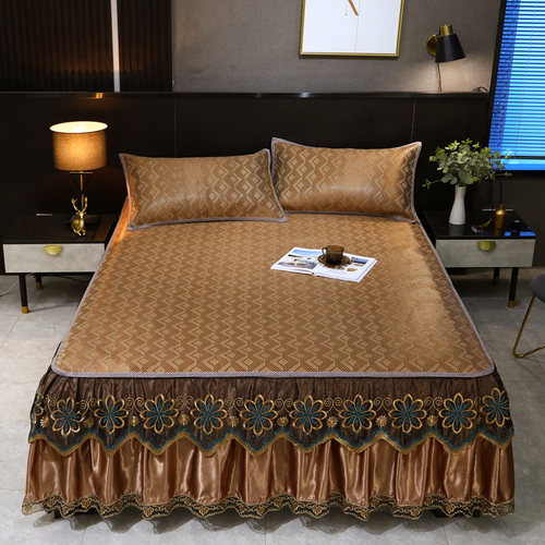 高端提花冰藤席床裙款冰丝凉席三件套可机洗可拆卸防滑空调软席子