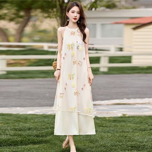 套装女夏季大码杭派圆领无袖法式刺绣网纱挂脖冰丝针织开衫两件套