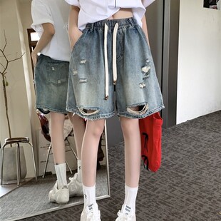 MM谢谢家大码系带松紧腰洗水做旧破洞五分牛仔裤宽松休闲直筒阔腿