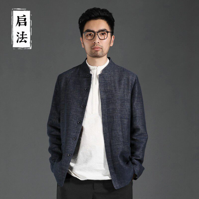 启法中国风男装夹克男士秋季休闲棉麻外衣男宽松中式亚麻外套男薄