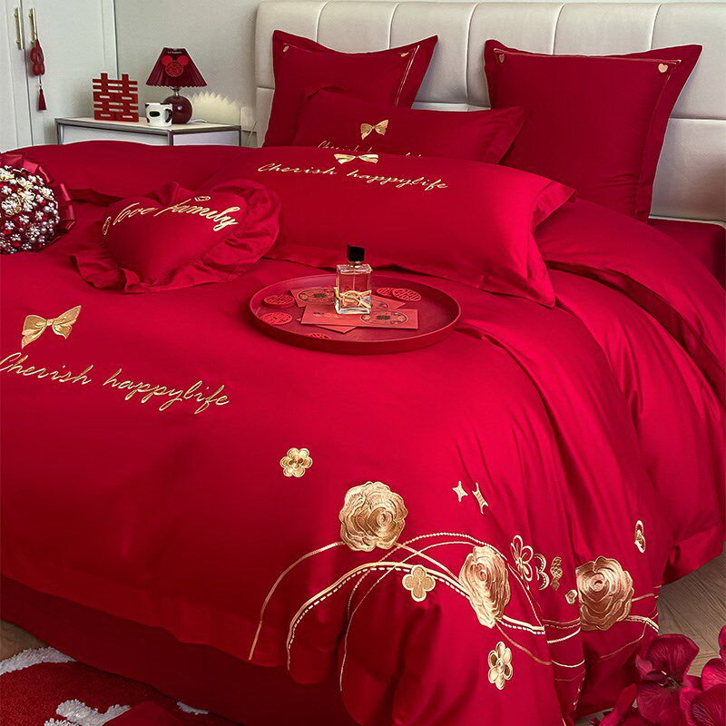 2024新款结婚床上四件套婚庆纯棉全棉新婚大红色床单被套婚嫁床品