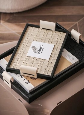 现代轻奢黑色皮质手提香薰托盘摆件高级感置纳客厅茶几摆盘装饰品