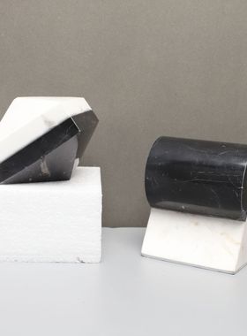 新中式黑白色大理石拼接摆件样板房售楼部卧室书房桌面软装饰品