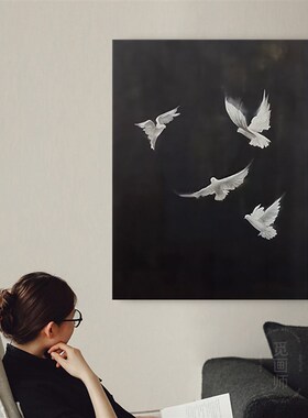 白鸽 中古风客厅装饰画美式黑白高级感沙发墙挂画小众艺术摆件画
