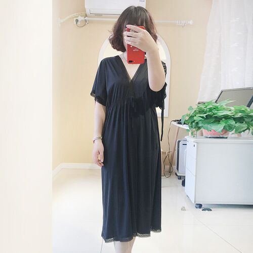 大码女士睡衣家居服半r袖纯色冰丝一裙两穿胖m220斤宽松
