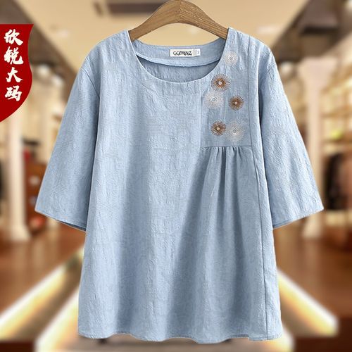 妈妈装夏款短袖纯棉t恤女中老年大码绣花民族风显瘦遮肚洋气上衣