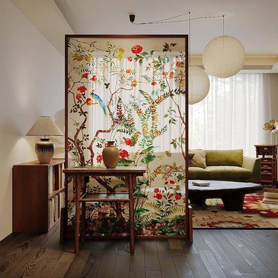 屏风隔断客厅移动玄关艺术玻璃入户正对门现代简约花鸟实木小座屏