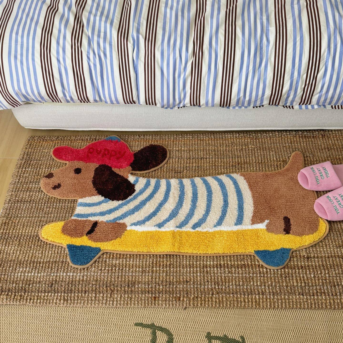 与风与海多巴胺滑板小狗植绒地毯客厅毛毯可爱卧室床边毯吸水凉垫