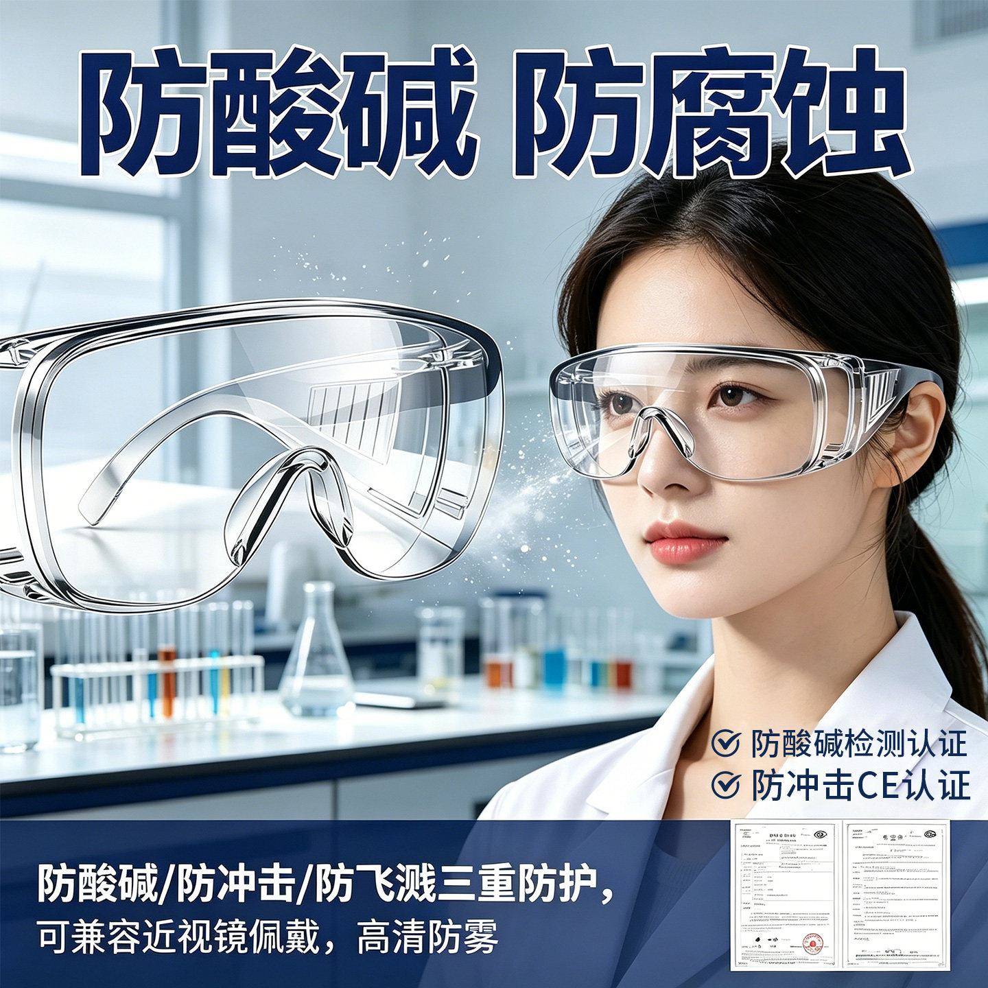 德国化学实验室护目镜防腐蚀耐酸碱防雾防飞溅可戴眼镜防护眼镜