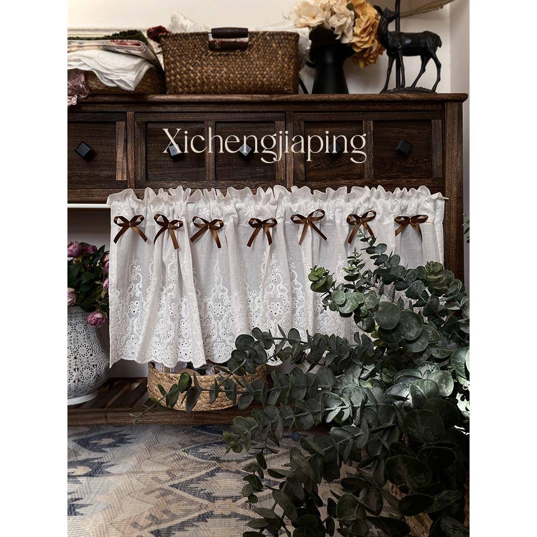 「西橙」别墅软装搭配纯棉刺绣半帘短帘成品飘窗帘咖啡帘门帘头