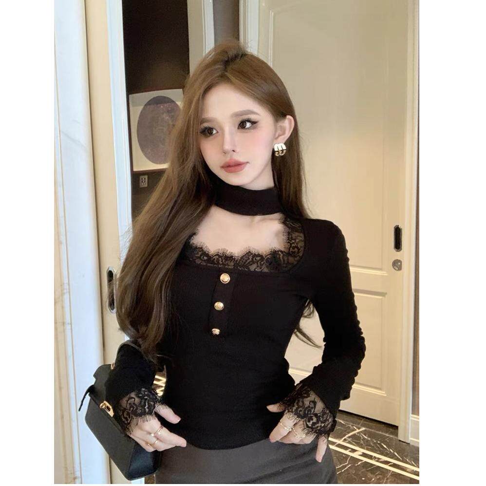 纯欲方领蕾丝拼接v领长袖t恤内搭抓绒打底衫女正肩修身上衣