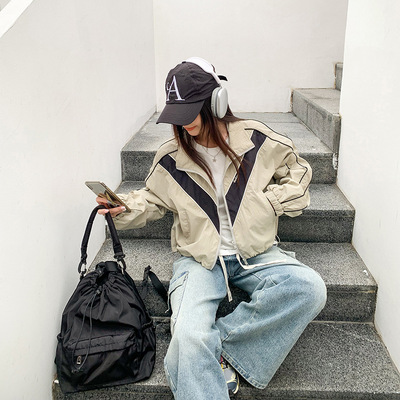 RAINBOW立领拼色短款防风外套秋冬新款宽松夹克棒球服88221撞色