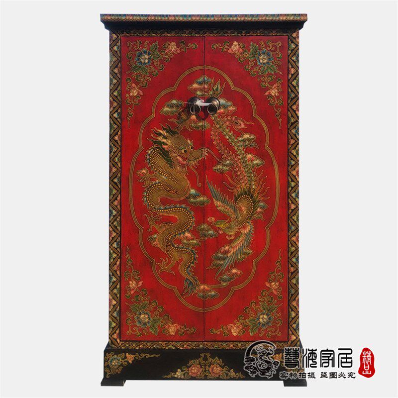 中式彩绘两门柜实木衣柜手绘复古做旧立体龙凤高柜储物玄关卧室柜