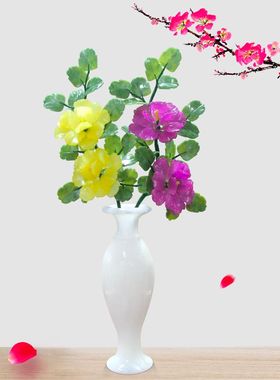 玉石雕刻牡丹花客厅家居饰品玉花瓶插花玉花工艺品创意新中式摆件