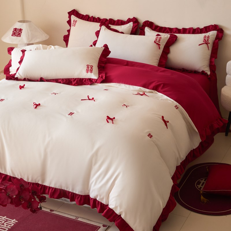 法式浪漫结婚四件套大红色婚庆被套新婚陪嫁床上用品婚房喜被床单
