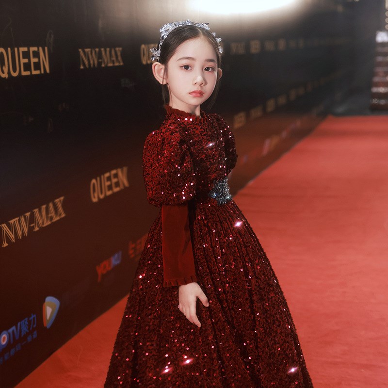 花童女童酒红色礼服裙高端长袖小女孩亮片公主长裙大童演出服秋冬