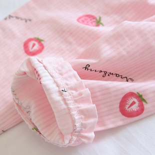 A类粉色草莓甜美儿童夏薄纯棉纱布睡衣女童短袖7分裤套头式家居服