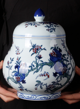 新中式 古典复古 陶瓷罐寿桃纹家居摆件玄关客厅博古架瓷罐景德镇