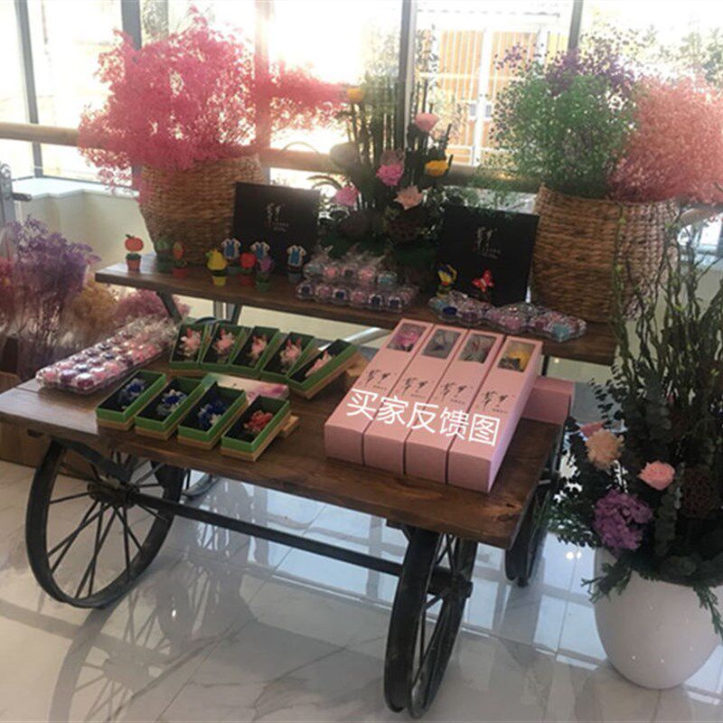 铁艺流水台复古实木展示台做旧实木高低置物桌鞋包展示柜橱窗货架