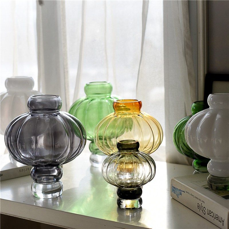 新中式创意灯笼形彩色玻璃花瓶水培花器家居民宿样板间装饰品摆件