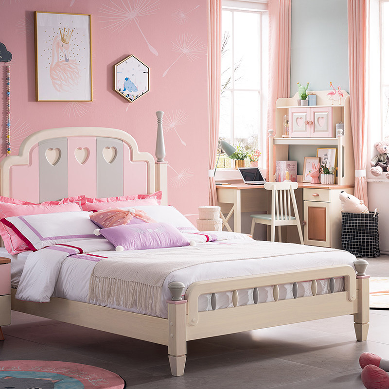 儿童床女孩北欧公主床全实木单人床粉色少女爱心床女生家具组合