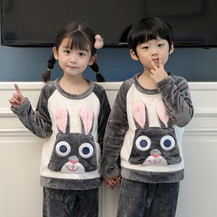 儿童睡衣男孩冬季长毛绒比卡丘加厚款女童宝宝珊瑚绒咖啡熊家居服