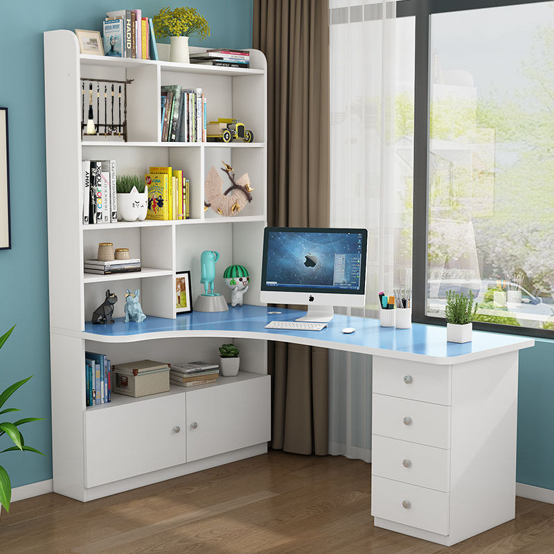 实木转角书桌书架组合一体桌台式电脑桌家用学生学习桌儿童写字桌