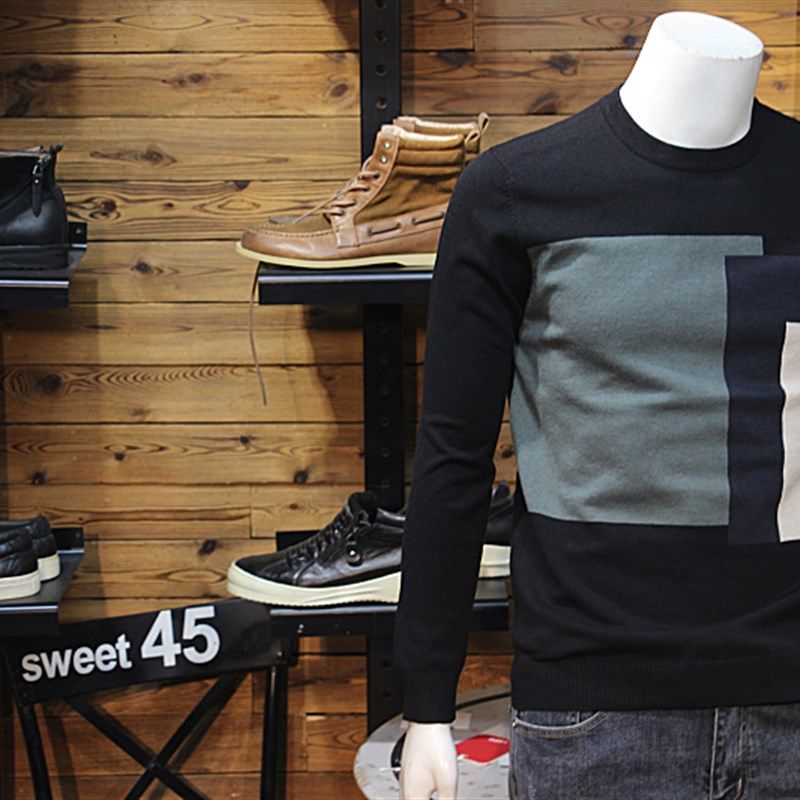 秋冬男针织衫长袖拼接撞色修身圆领弹力毛线衣休闲打底毛衫T恤