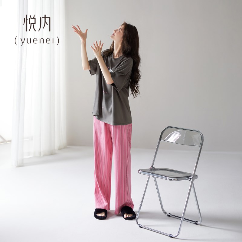 悦内睡衣女夏季短袖长裤纯棉家居服夏款薄款可出门外穿玫红色套装
