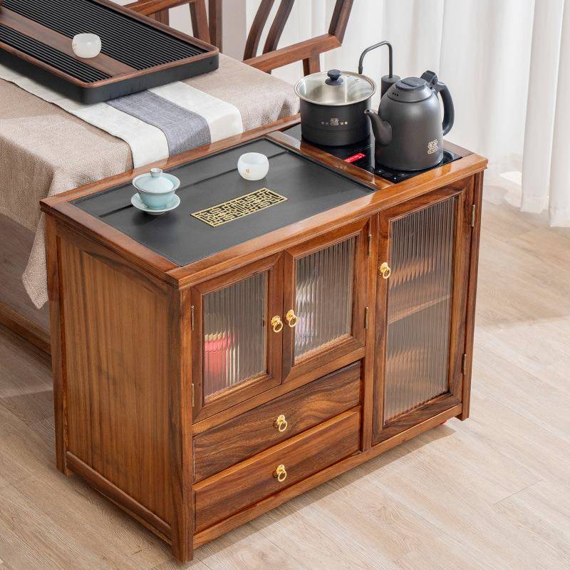 实木茶台家用小茶桌胡桃木茶水柜烧水茶几办公室移动侧边柜一体式