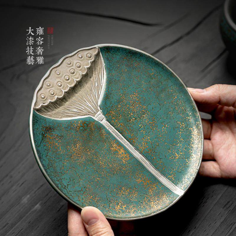 常青釉金银彩莲蓬壶承水果盘茶点盘干泡台陶瓷手工复古日式养壶垫,电子/电工,接线端子,淘宝优惠券,粉丝福利购,淘宝优惠卷